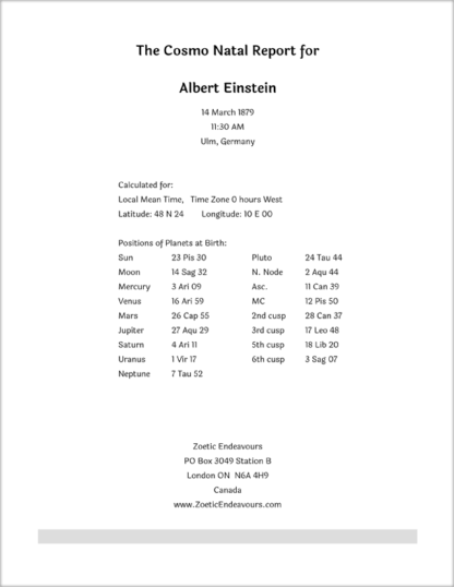 Cosmo Natal Report for Einstein -p1